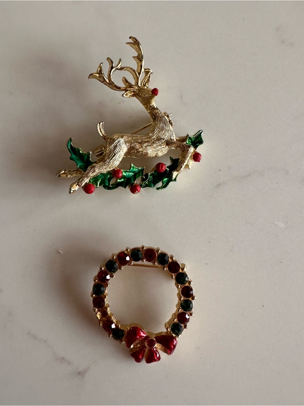 Gold-tone Reindeer and Christmas Wreath Holiday Brooch Set - Red & Green Accents